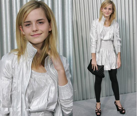 Check out Emma Watson wearing a silver dress with matching jacket 